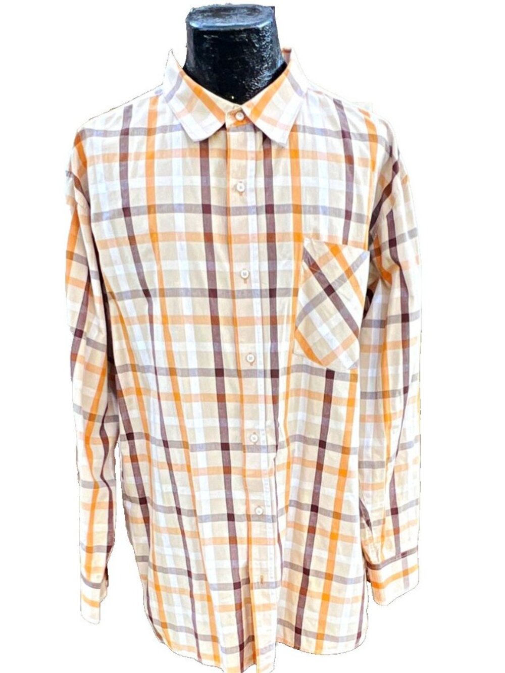 Vintage PJ Mark Mens XL Orange & Brown Plaid Long Sleeve Button Down Shirt